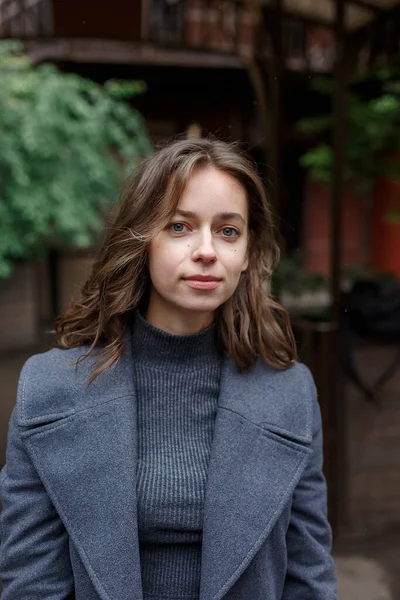 Closeup Young Thoughtful Pretty Girl Gray Coat Turtleneck Posing Outdoors — Stock Photo, Image