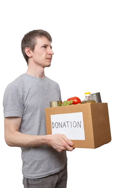 Joven Hombre Caucásico Voluntario Sosteniendo Comida Comestibles Caja Donación Cartón — Foto de Stock