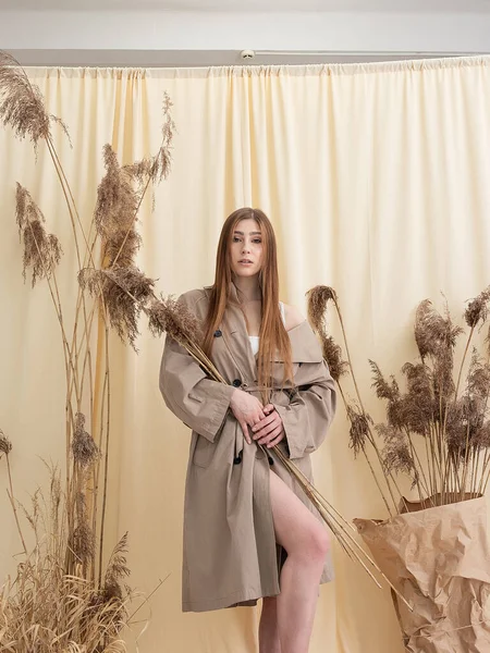 Mulher bonita em capa de chuva bege no fundo tecido pastel. sessão de fotos de moda — Fotografia de Stock