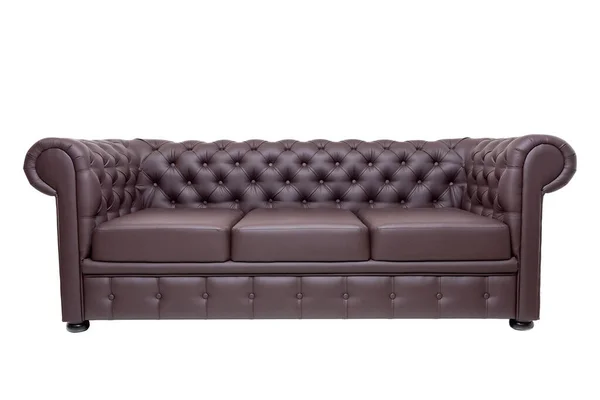 Braunes luxuriöses Lederbüro-Sofa isoliert auf weißem Hintergrund, Vorderansicht — Stockfoto