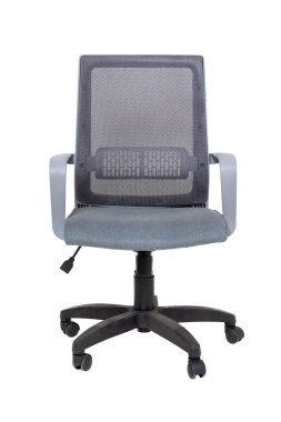 Gri ofis kumaşı koltuk beyaz arka planda izole tekerlekler, ön manzara