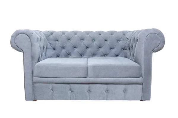 Vintage grå eller blå tyg soffa isolerad på vit bakgrund, främre vy — Stockfoto