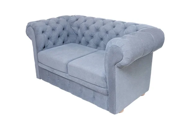 老式灰色或蓝色面料沙发，白色背景，侧面视图隔离 — 图库照片