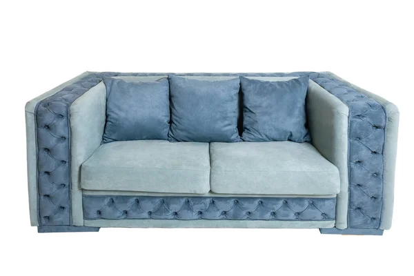 Divano moderno in tessuto blu con tre cuscini isolati su sfondo bianco — Foto Stock