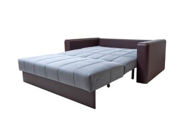 Kahverengi ve mavi, kumaş ve deri kanepe beyaza izole edilmiş. Modern yumuşak kanepe