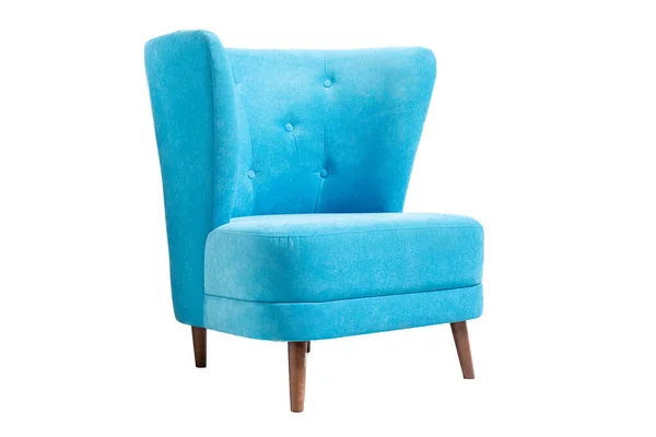 Голубой ткани кресло с деревянными ногами изолированы на белом фоне, вид сбоку — стоковое фото