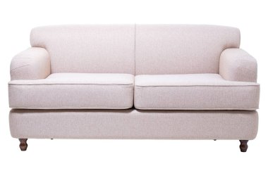 Modern gri kumaş kanepe beyaza izole edilmiş, ön manzara. çağdaş kanepe