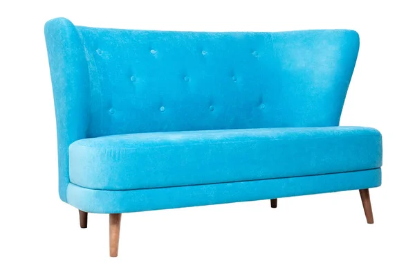 Πλαϊνή όψη του σύγχρονου μπλε υφασμάτινου καναπέ που απομονώνεται σε λευκό φόντο — Φωτογραφία Αρχείου