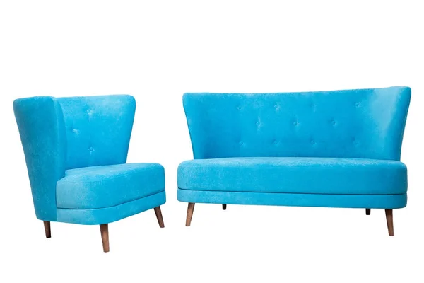 Modern blå tyg soffa med träben, fåtölj isolerad på vit bakgrund — Stockfoto
