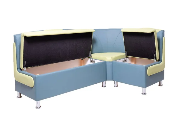 blue and green leather office sofa with opened hidden wooden containers inside