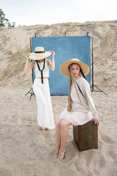 Портрет краси на відкритому повітрі на піску перед синім тлом, молоді гарні близнюки — стокове фото