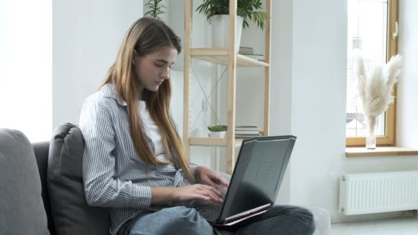 Sorrindo jovem mulher sentada no sofá, usando notebook laptop, digitando mensagem — Vídeo de Stock