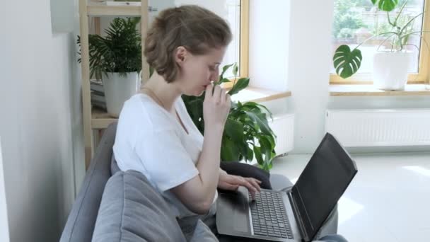 Stressed girl freelancer has unexpected trouble with laptop, trying to fix it — Stok Video