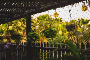 Çiçeklerin asılı olduğu güzel bir yer, ahşap kulübe.