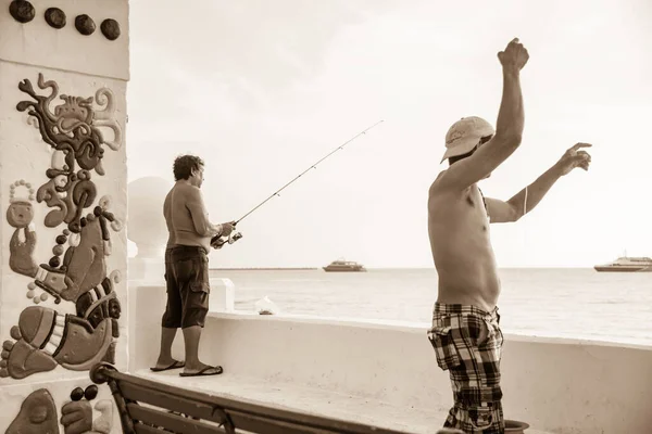 Sepia Photo Cozumel Mayan Port Fishing Men — стокове фото