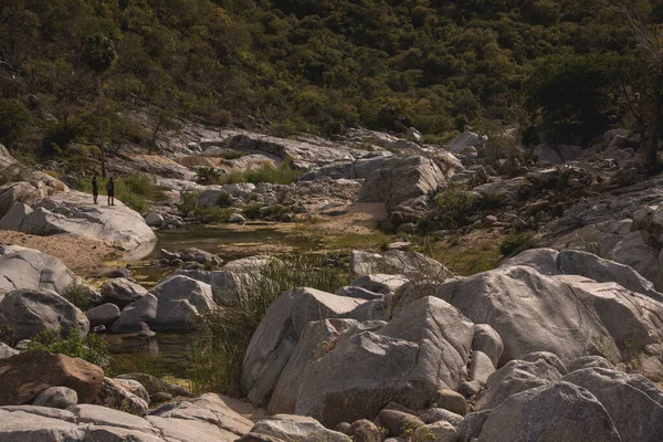 Stenen Rotsen Met Gefilterd Regenwater Natuurlijke Vijver Midden Natuur Baja — Stockfoto