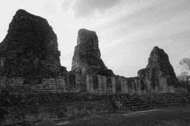 Siyah beyaz fotoğraf, Xpujil, arkeolojik Maya alanı kalıntıları, Campeche Mexico piramidi. 