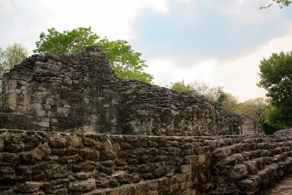Xpujil 考古玛雅遗址 墨西哥坎佩切金字塔和树枝 — 图库照片