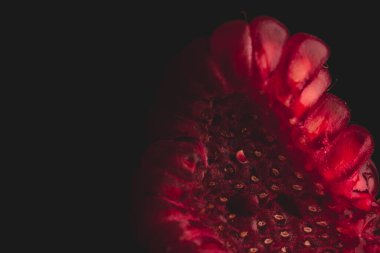 Ahududu meyvesi detaylarının makro yakın portresi, seçici odak