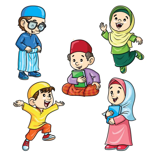 Sevimli Çizgi Müslüman Çocuklar Gösteren Resim — Stok Vektör