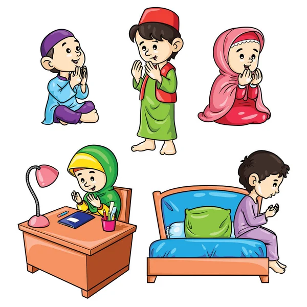 Ilustrace Roztomilý Kreslený Muslimské Děti Modlí — Stockový vektor