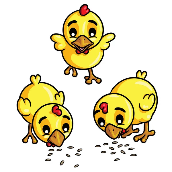 Chicks Eat Seeds Cartoon — Stock Vector