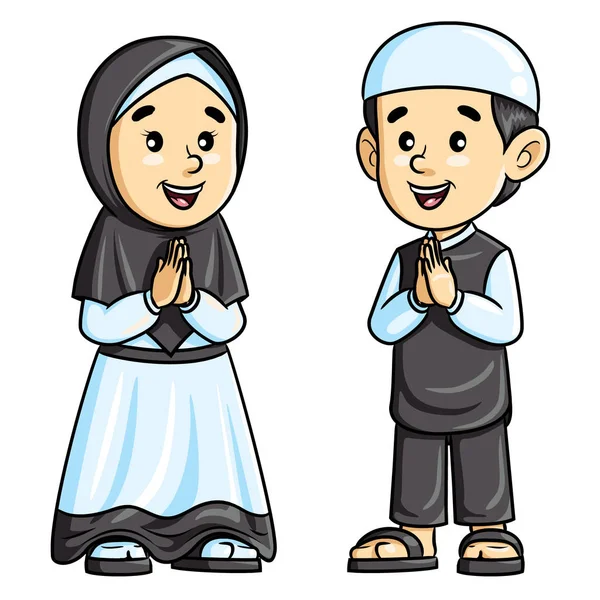 Illustration Cute Cartoon Kids Greeting Salaam — Stock Vector