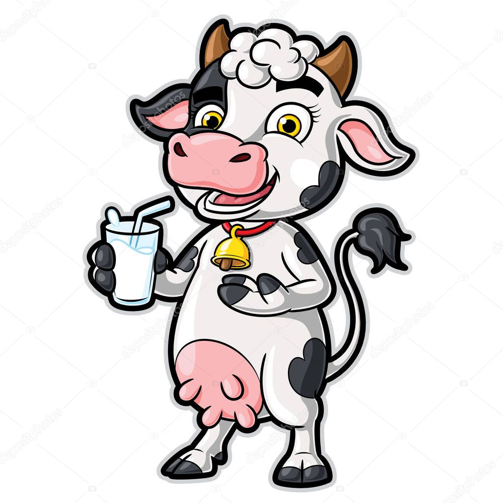 Illustrations of cute cartoon cow character holding a glass of milk.