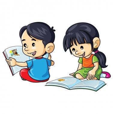 Sevimli karikatür çocuklar kitap okuma İllüstrasyon.