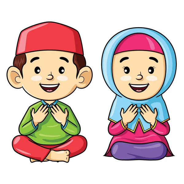 Illustration Cartoon Cute Muslem Kids Sitting While Praying — Stock Vector