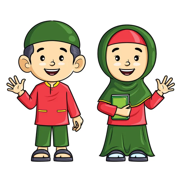 可爱男孩和女孩穆斯林的插图卡通画 — 图库矢量图片