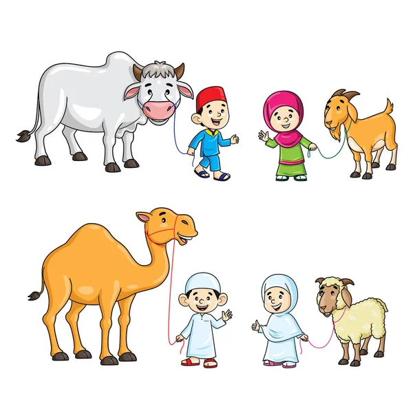 Ilustración Niños Musulmanes Dibujos Animados Lindos Con Camello Vaca Cabra — Vector de stock