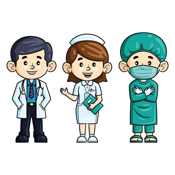 Illustration Bande Dessinée Professions Mignonnes Médecin Infirmière Chirurgien — Image vectorielle