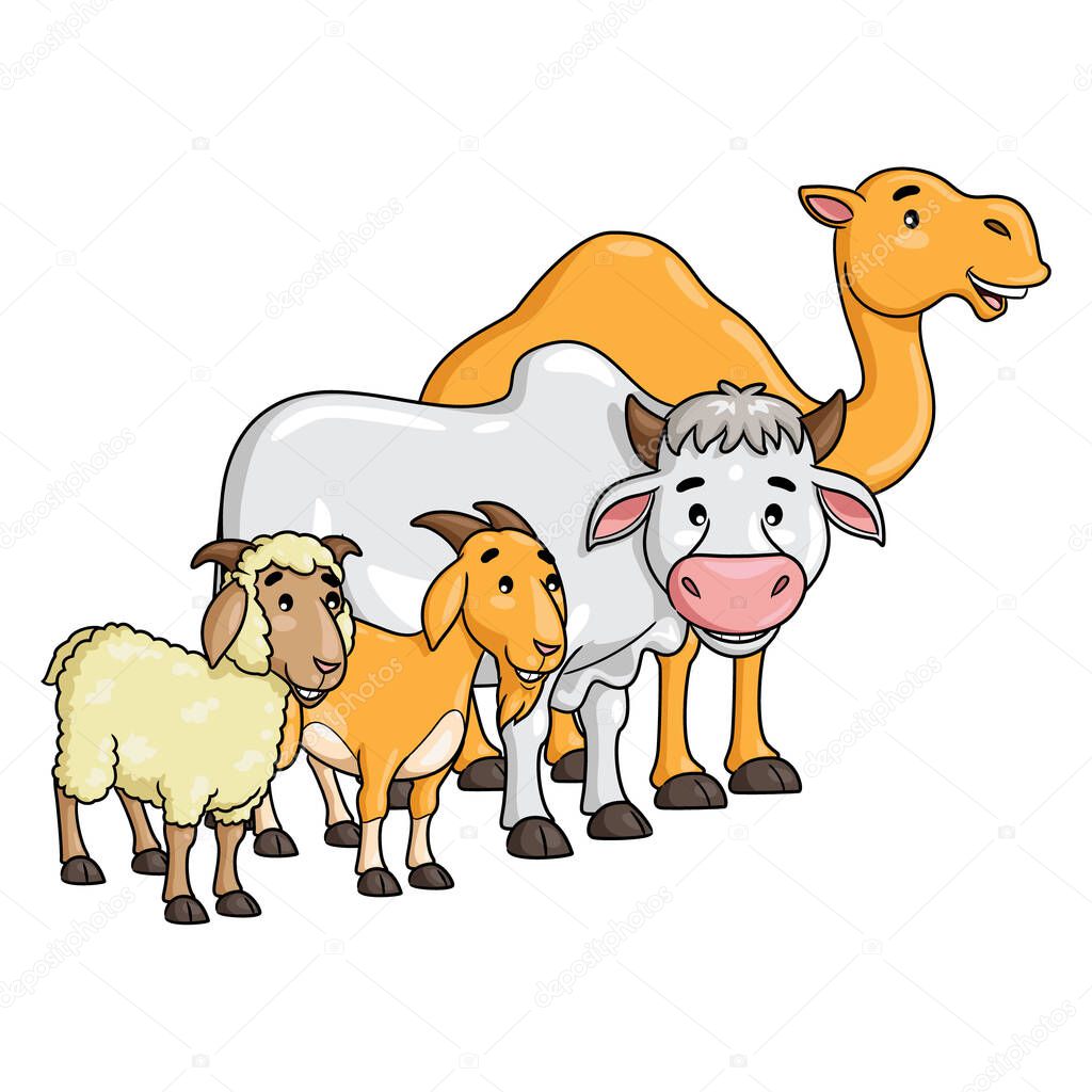 Illustration of cute cartoon camel, cow, goat, and sheep.