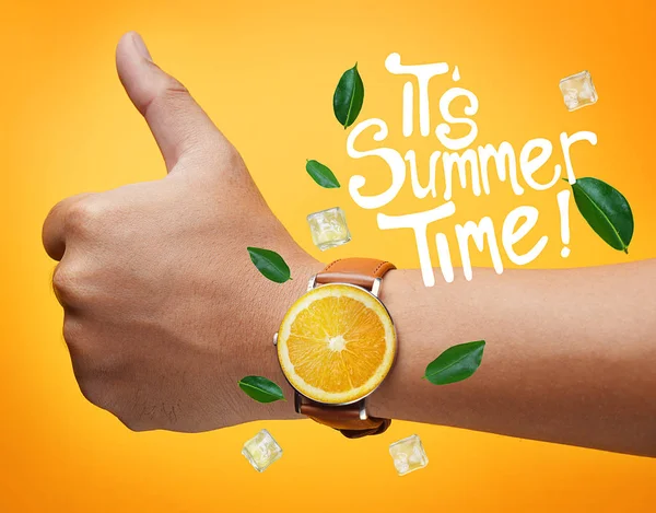 Summer Time Typography Thumb Hand Wearing Fruit Orange Watch Yellow — Stock Photo, Image