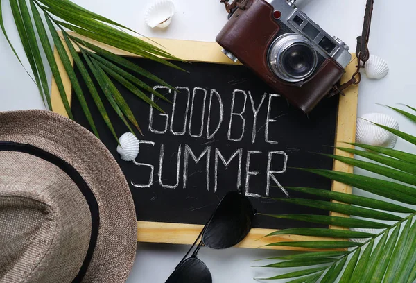 Αντίο Καλοκαίρι Κείμενο Γυαλιά Ηλίου Καπέλο Φύλλο Φοίνικα Φωτογραφική Μηχανή — Φωτογραφία Αρχείου