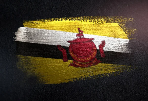 Brunei Flag Made Metallic Brush Paint Grunge Dark Wall — Stock Photo, Image