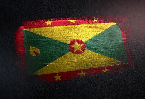 Grenada Flagge Aus Metallischer Pinselfarbe Dunkler Grunge Wand — Stockfoto