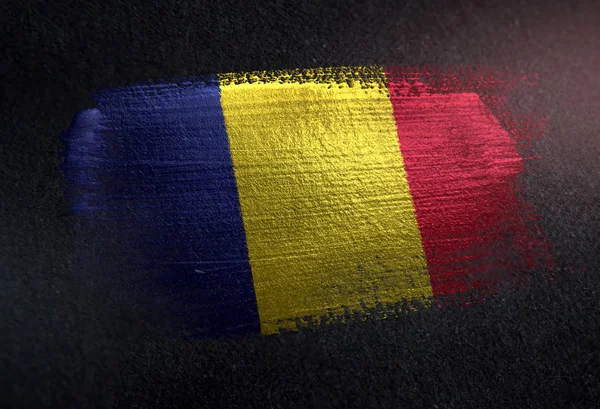 Bandera Rumania Hecha Pintura Pincel Metálico Pared Oscura Grunge — Foto de Stock