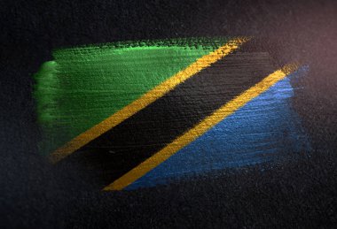 Karanlık Grunge duvar üzerinde Metal fırça boya yapılan Tanzanya bayrak