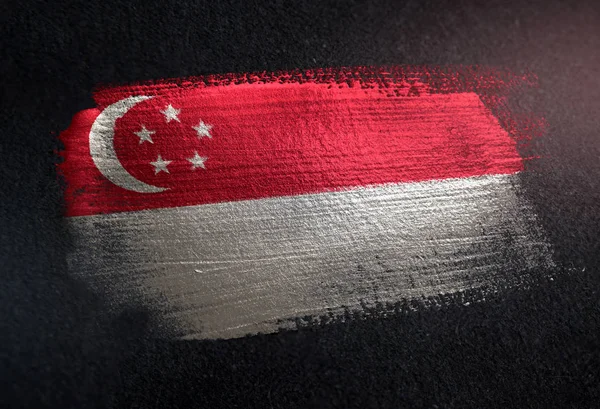 Singapore Flagge Aus Metallischer Pinselfarbe Dunkler Grunge Wand — Stockfoto