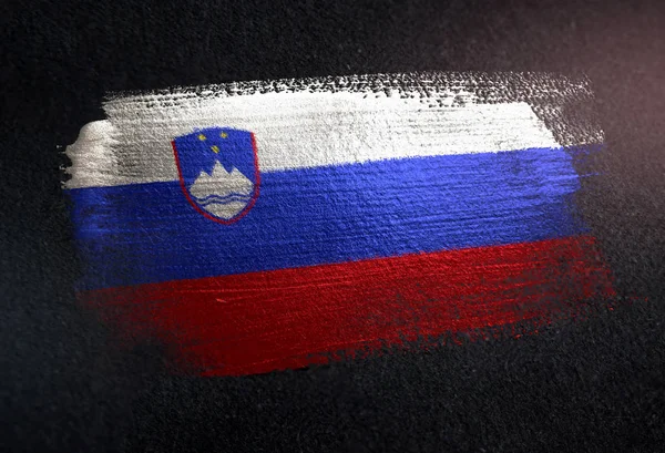 Slovenia Flag Made of Metallic Brush Paint on Grunge Dark Wall