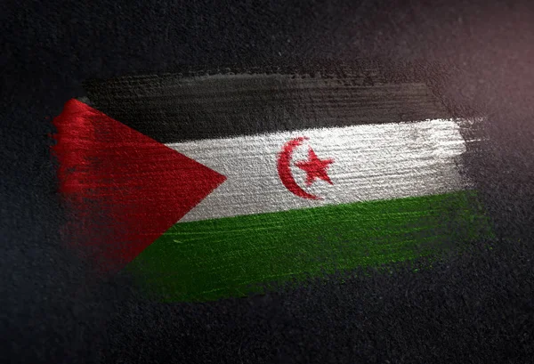 Flaga Sahrawi Wykonane Metalicznej Pędzla Farba Grunge Ciemna Ściana — Zdjęcie stockowe