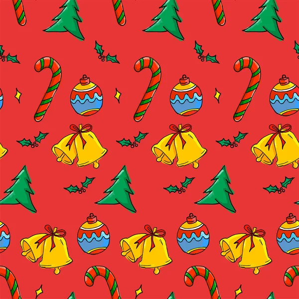 Nahtloses Weihnachtsmuster Christbaumkugel Zuckerrohr Glocke Weihnachtsbaum Auf Rotem Hintergrund — Stockvektor