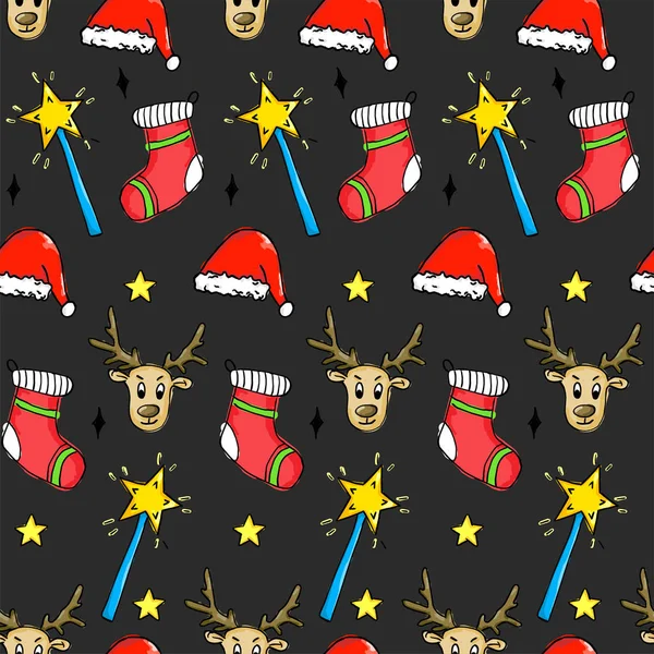 シームレスなクリスマスのパターン サンタ帽子 魔法の杖 黒い背景に鹿 — ストックベクタ
