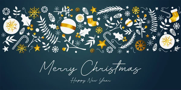Merry Christmas Banner Gouden Sieraad Kaart Donkere Teal Achtergrond — Stockvector