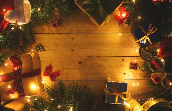 Kopiera Utrymme Varma Julafton Bakgrund Christmas Ornament Trä — Stockfoto