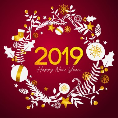 2019 mutlu yeni yıl altın metin iç daire altın süs kartı koyu kırmızı zemin üzerine
