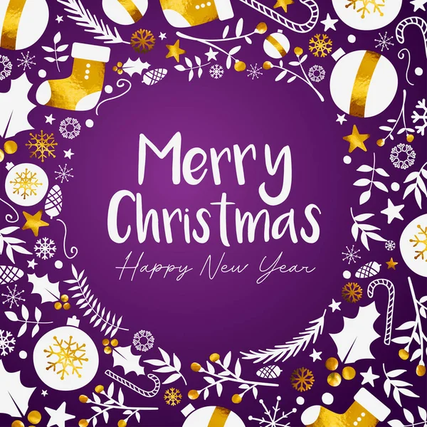 Merry Christmas Happy New Year Golden Purple Background — Stock Vector
