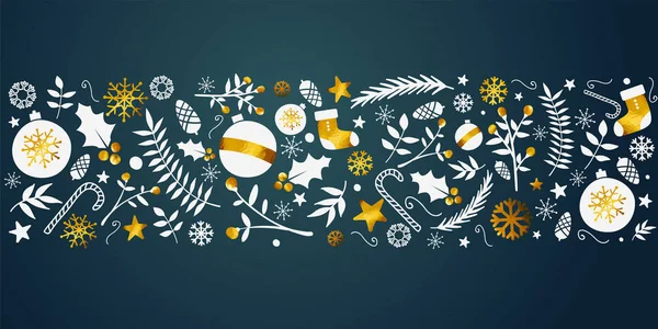 圣诞节金色装饰品横幅在深青色背景 — 图库矢量图片